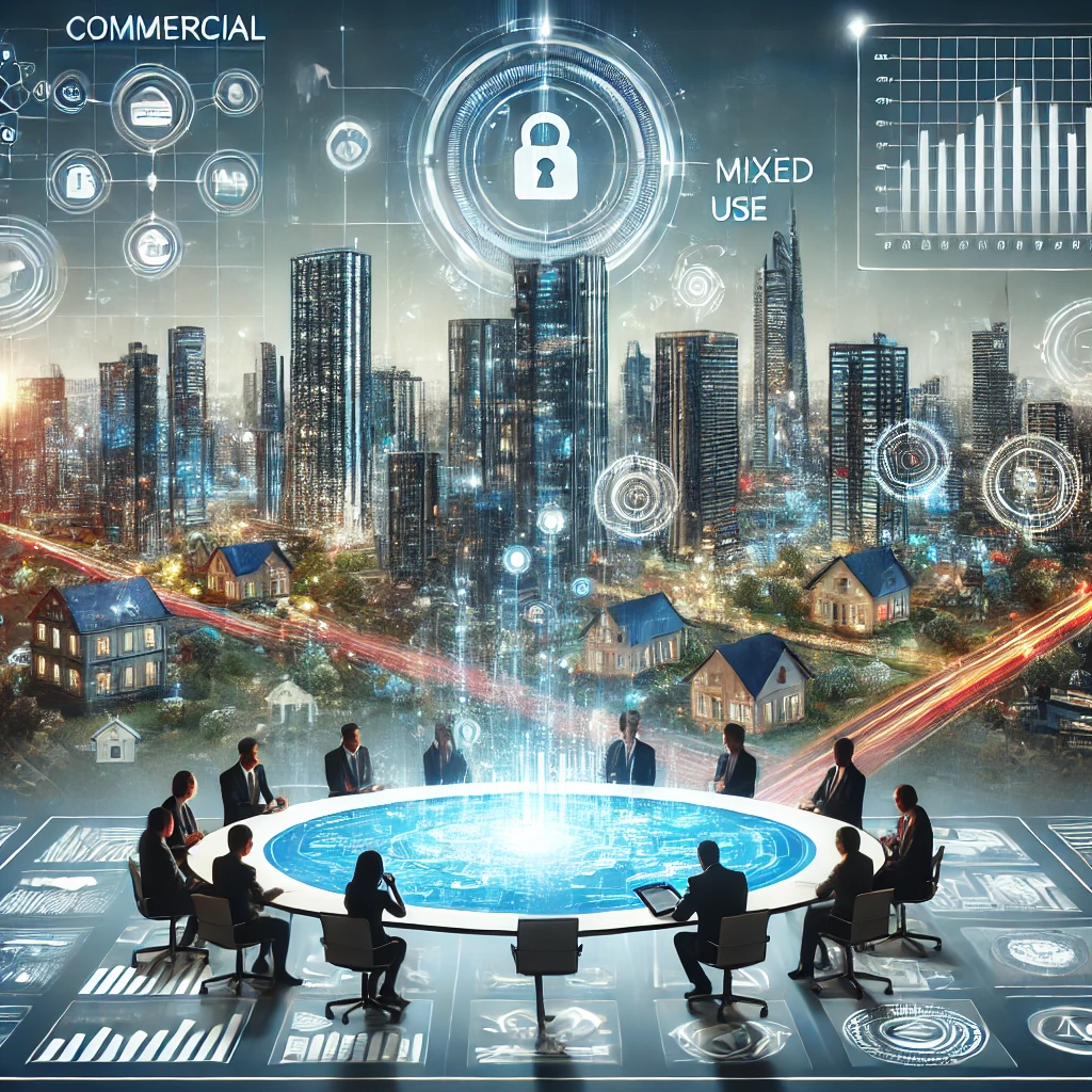 A conceptual illustration showcasing real estate investment opportunities in 2025. The image features a futuristic cityscape with smart buildings labeled as 'Commercial', 'Residential', and 'Mixed-use'. In the foreground, a diverse group of professionals analyzing digital charts and maps on a large interactive table.