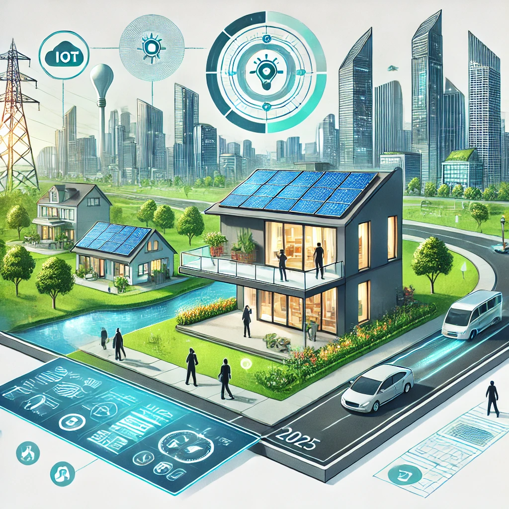 An illustration depicting futuristic real estate trends for 2025. The image showcases a high-tech smart home with solar panels and integrated IoT technology, surrounded by green spaces. In the background, a city skyline with modern eco-friendly skyscrapers and a zero-emission transport system. A section highlights people interacting with a virtual metaverse real estate platform on a holographic screen.