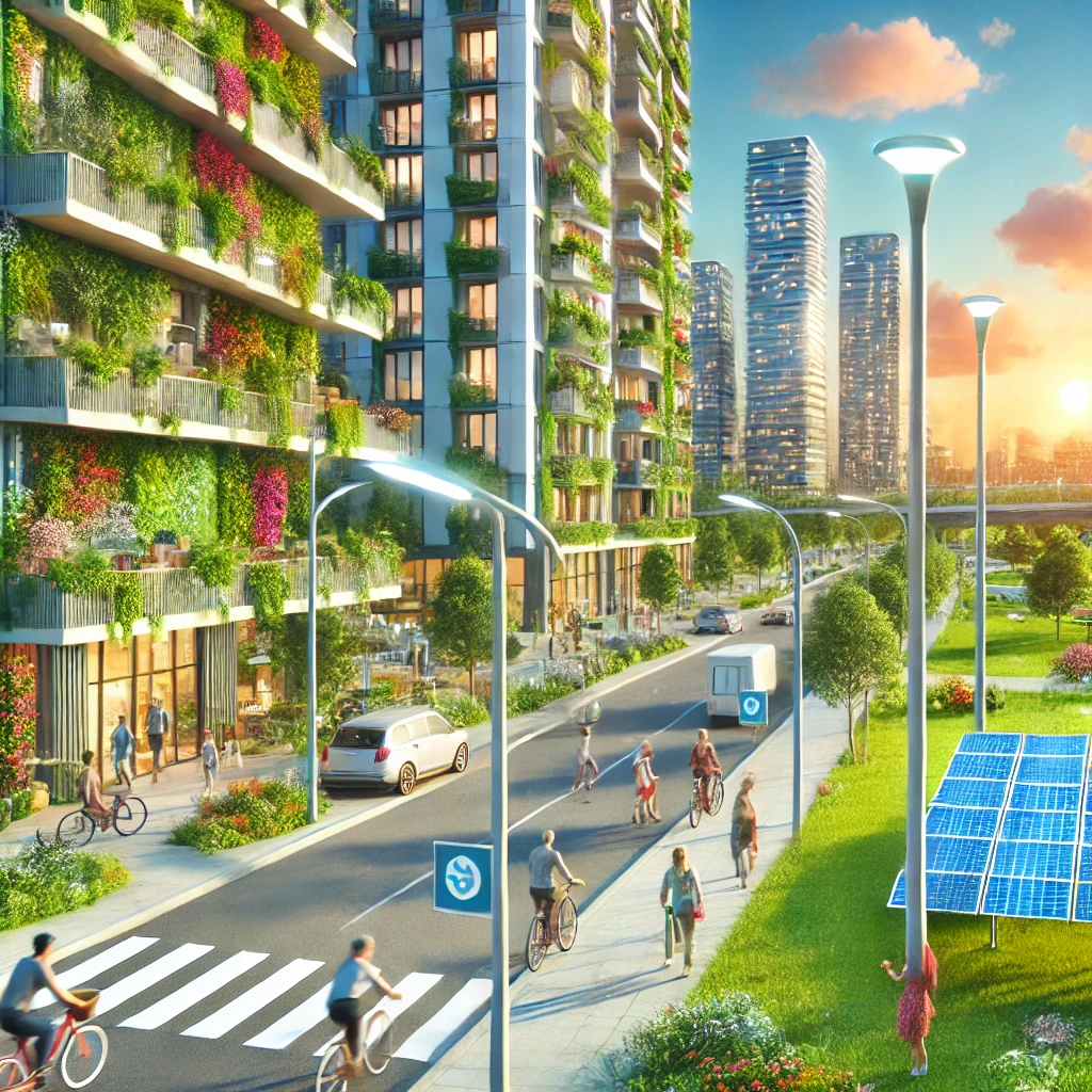 A vibrant illustration of a 2025 eco-friendly urban neighborhood. The scene includes modern apartment buildings with vertical gardens, a pedestrian-friendly area with cyclists, and solar-powered streetlights. The focus is on sustainability and community, with people enjoying outdoor activities in a clean, green environment.